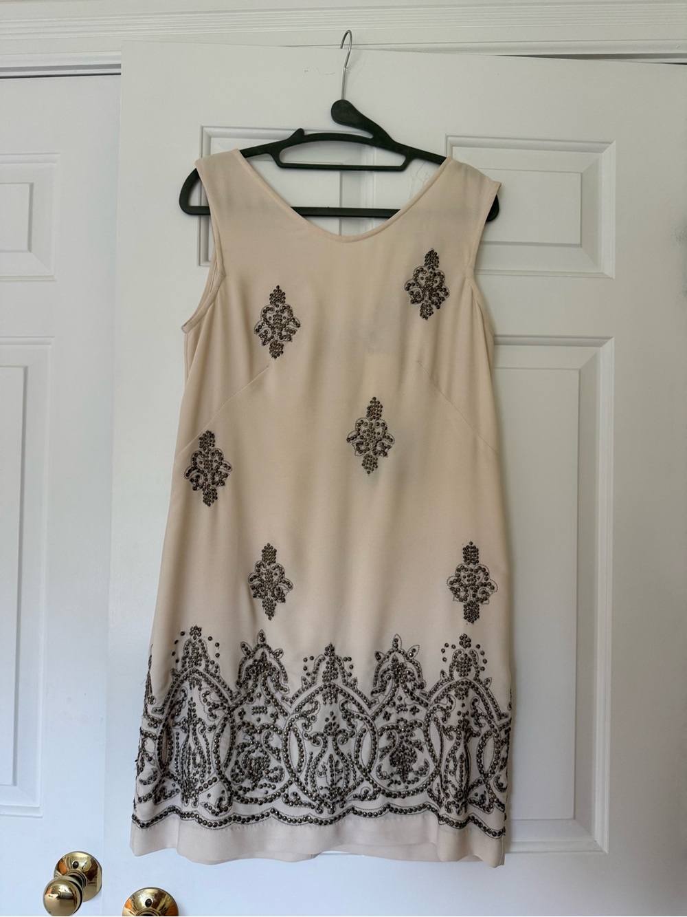 Yoana Baraschi Cream Shift Dress with Gold Beaded Embellishment